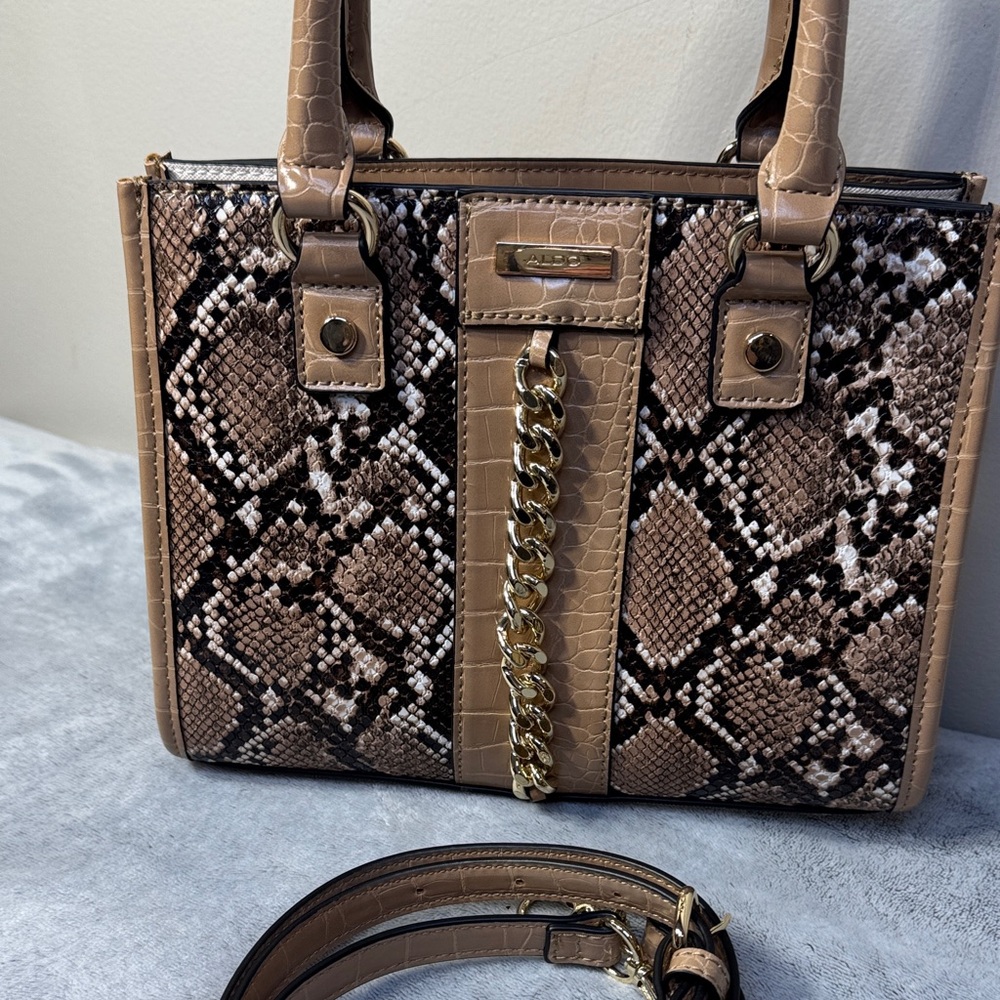 ALDO Snake Print Small Tote - Tan Brown White - Gold Hardware - Like New - Picture 3 of 12